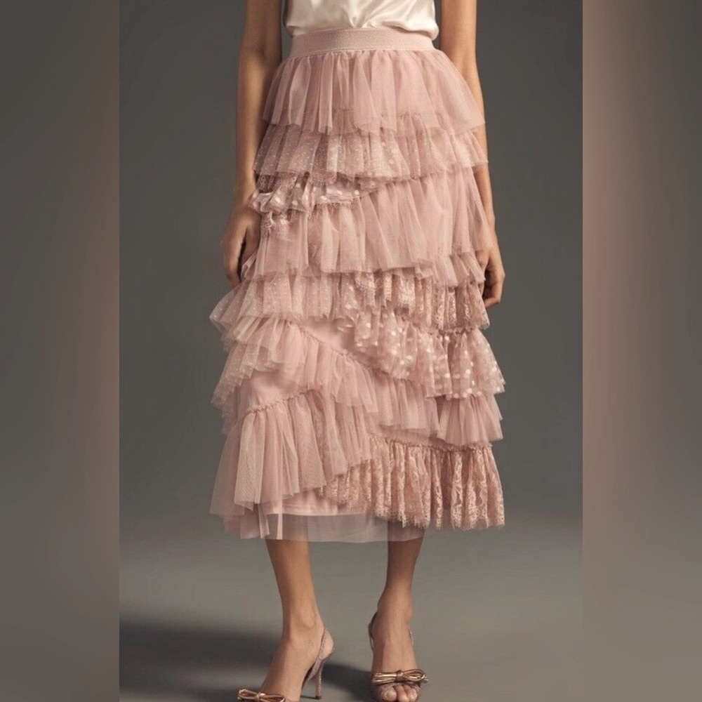 New Anthropologie Mesh Tulle Lace Pink Mauve Blush Midi Skirt